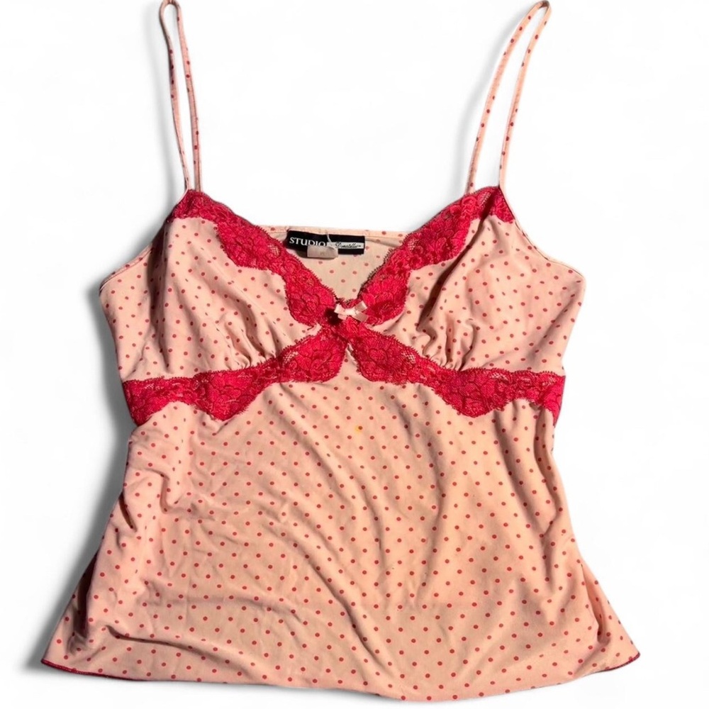 Studio Y Women's Pink Polka Dot Lace Trim Top